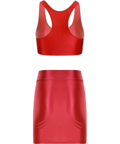 Women Shiny Glossy Pencil Skirts Sets with Sports Crop Top Activewear Musical Party Clubwear Burgundy $7.48 Suits