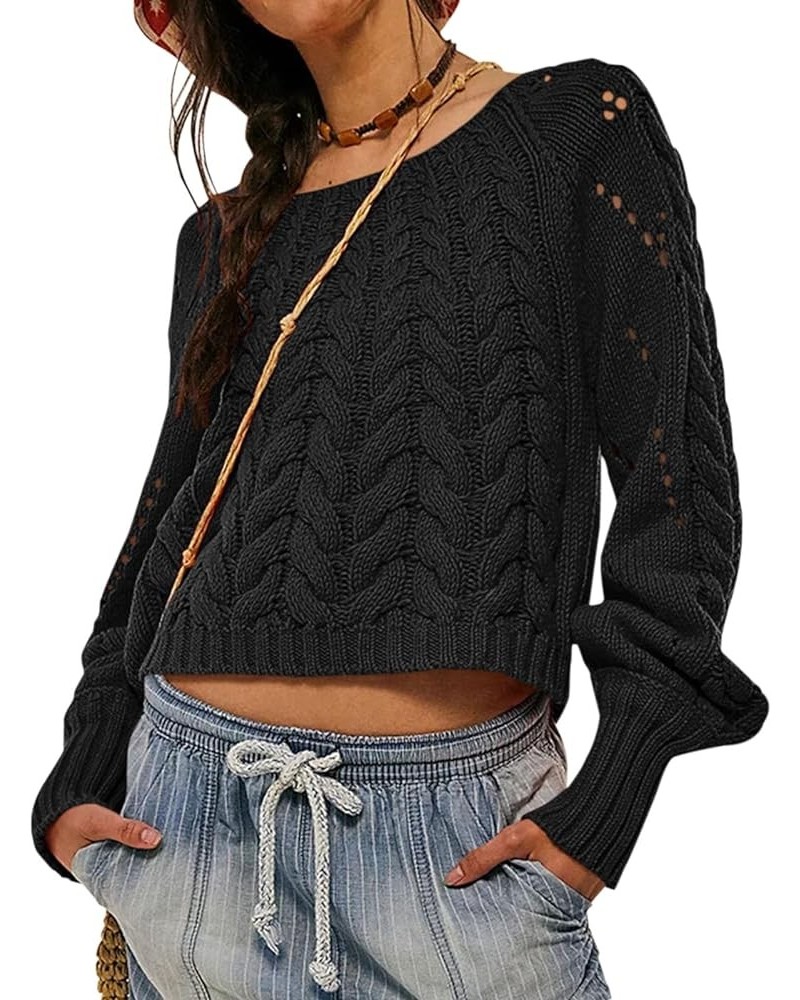 Womens Cropped Sweaters Cable Knit Casual Long Sleeve Crewneck Soft Hollow Out Pullover Crop Tops Black $14.68 Sweaters