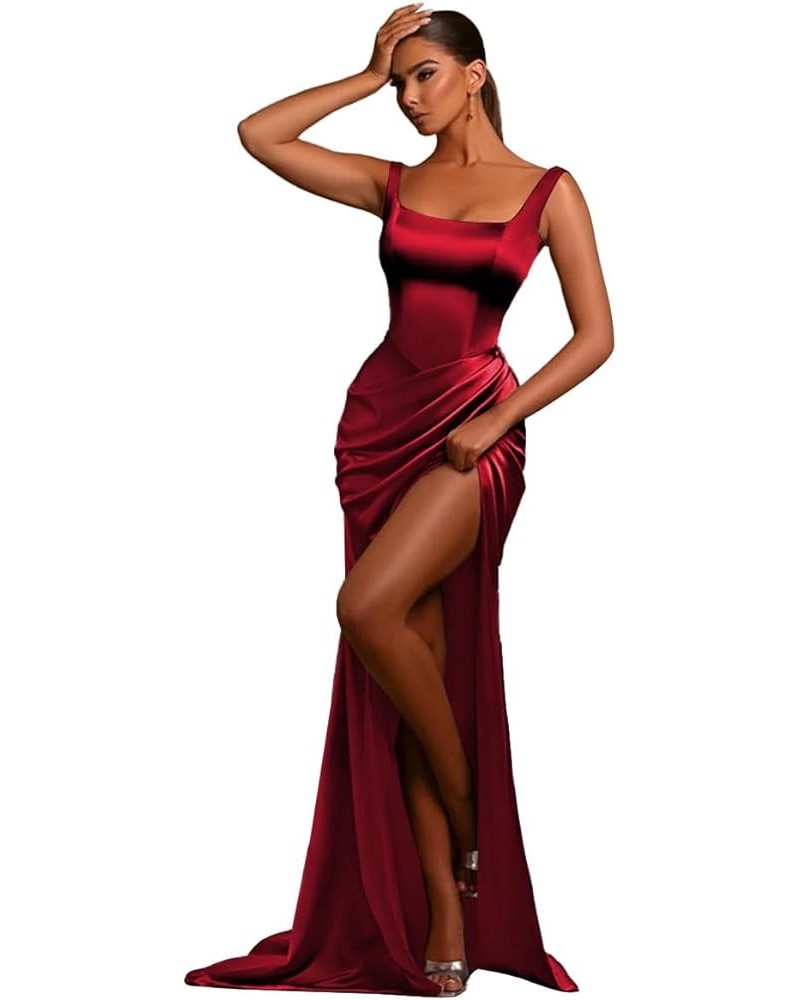 Women's Satin Prom Dress Long with Slit Draped Mermaid Formal Party Evening Gown Burgundy $31.20 Dresses