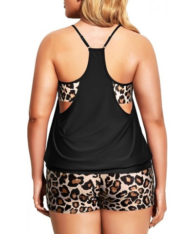 Women Plus Size Two Piece Tankini Set Swimsuits Tummy Control Bathing Suits Push Up Tankini Top with Boy Shorts Black Leopard...