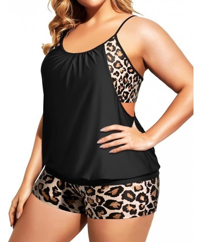 Women Plus Size Two Piece Tankini Set Swimsuits Tummy Control Bathing Suits Push Up Tankini Top with Boy Shorts Black Leopard...