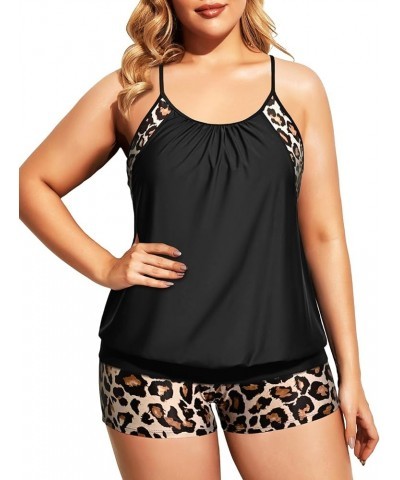 Women Plus Size Two Piece Tankini Set Swimsuits Tummy Control Bathing Suits Push Up Tankini Top with Boy Shorts Black Leopard...