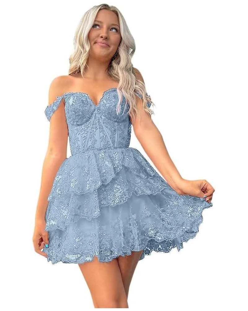 Tiered Lace Homecoming Dresses for Teens Sparkly Sequin Corset Prom Party Gown Dusty Blue $30.75 Dresses