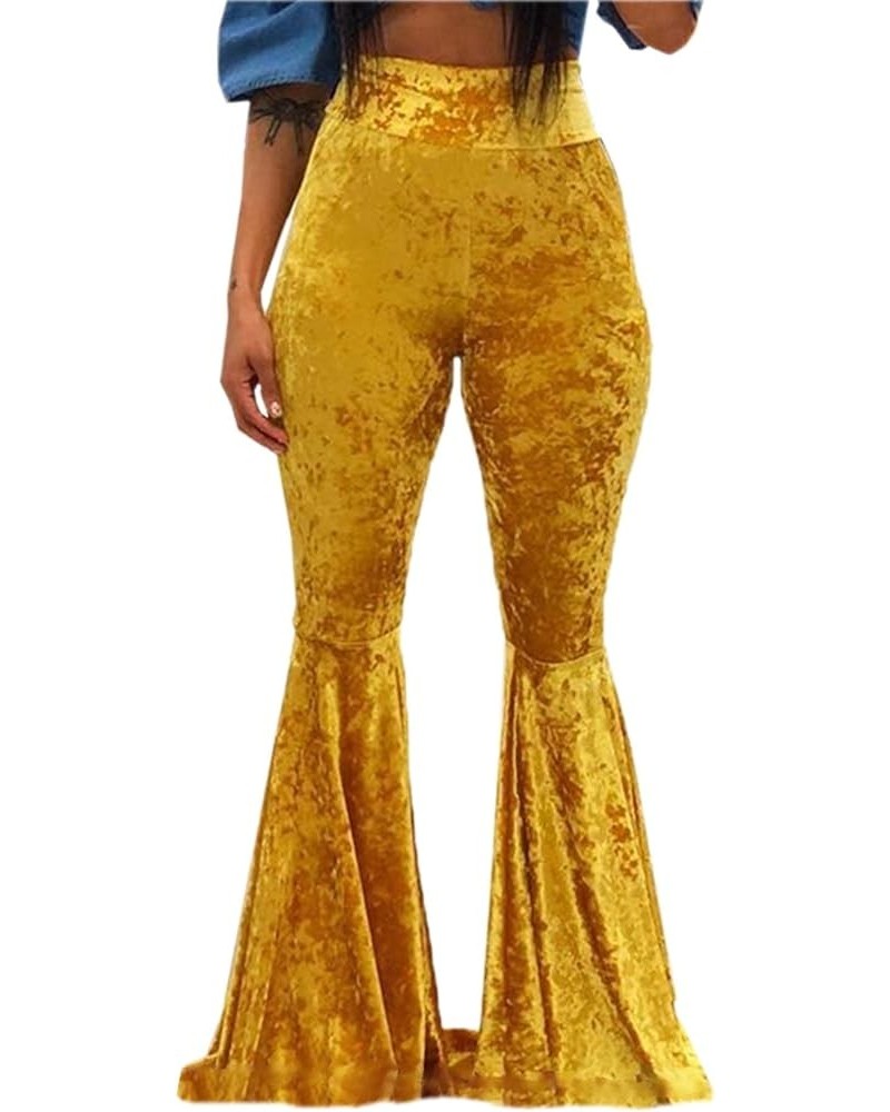 Women's Velvet Elastic Waist Flare Leg Palazzo Long Pants Ribbed Stretchy Slim Bodycon Bell Bottom Trousers A-yellow $9.84 Pants