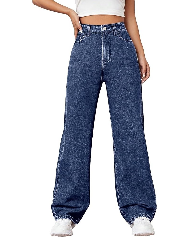 Women's Casual High Waisted Zipper Fly Denim Pants Straight Wide Leg Jeans Dark Wash $24.63 Jeans