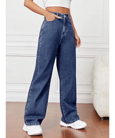 Women's Casual High Waisted Zipper Fly Denim Pants Straight Wide Leg Jeans Dark Wash $24.63 Jeans