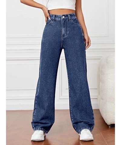 Women's Casual High Waisted Zipper Fly Denim Pants Straight Wide Leg Jeans Dark Wash $24.63 Jeans