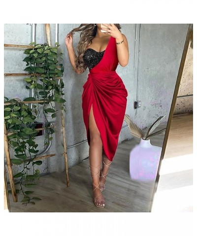 Womens One Shoulder Sequin Cocktail Dresses Sexy Slit Plus Size Wedding Guest Party Homecoming Dresses C-red $9.35 Activewear