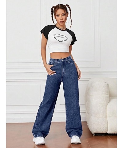 Women's Casual High Waisted Zipper Fly Denim Pants Straight Wide Leg Jeans Dark Wash $24.63 Jeans