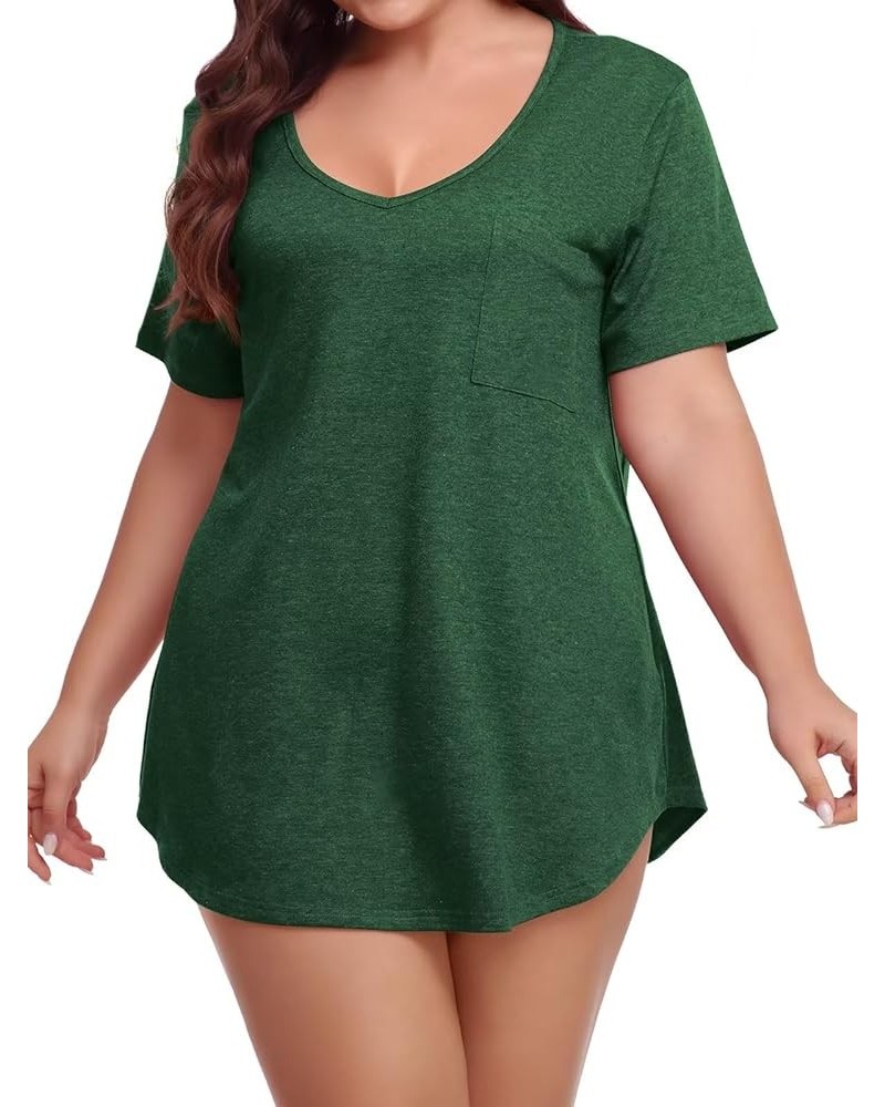 Women Plus Size V-Neck Tunic Tops Loose T Shirt with Pocket D-deep Green $11.79 Tops