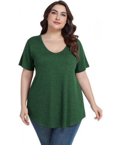 Women Plus Size V-Neck Tunic Tops Loose T Shirt with Pocket D-deep Green $11.79 Tops