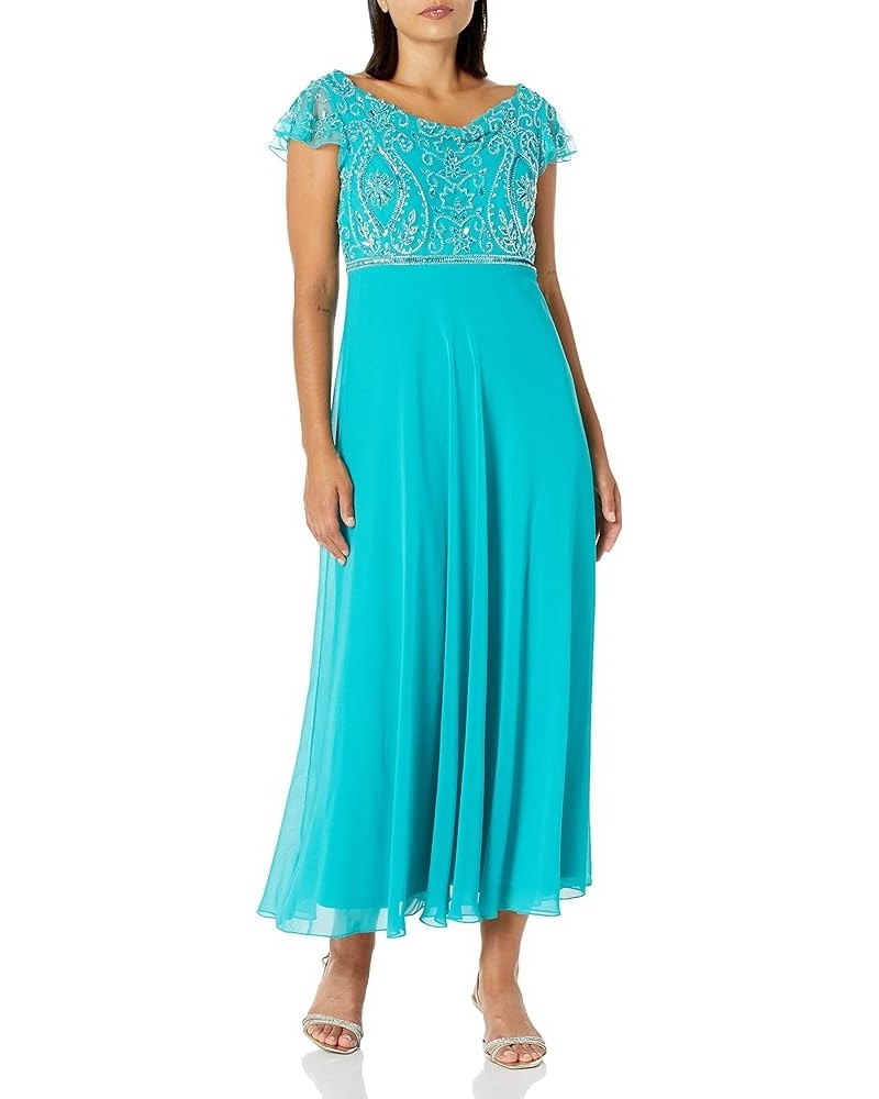 Women's Back and Front Cowlneck Beaded Short Sleeve Gown Aqua Multi $34.33 Dresses