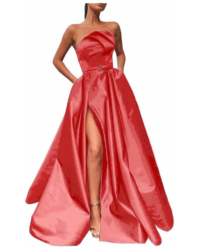 Irregular Neck Long Prom Dresses with Slit Satin A-line Formal Evening Party Gowns with Pockets for Women Coral $34.50 Dresses