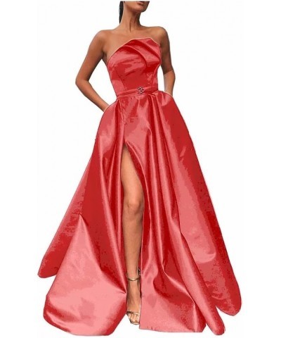 Irregular Neck Long Prom Dresses with Slit Satin A-line Formal Evening Party Gowns with Pockets for Women Coral $34.50 Dresses