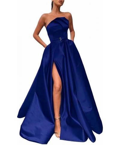 Irregular Neck Long Prom Dresses with Slit Satin A-line Formal Evening Party Gowns with Pockets for Women Coral $34.50 Dresses