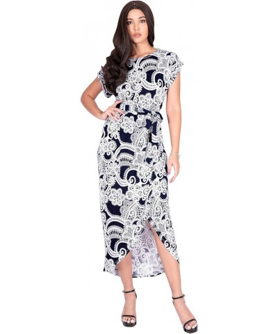 Womens Long Floral Print Casual Asymmetrical Short Sleeve Midi Dress Navy Blue & White $11.23 Dresses