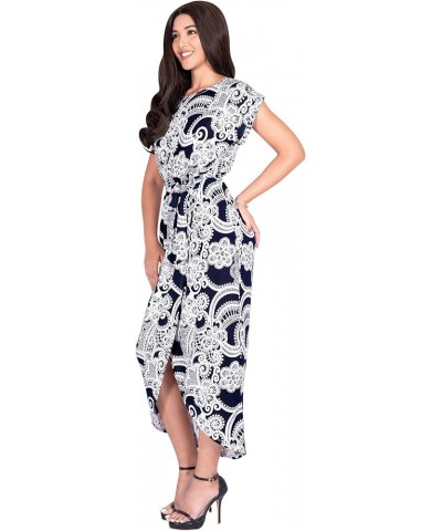 Womens Long Floral Print Casual Asymmetrical Short Sleeve Midi Dress Navy Blue & White $11.23 Dresses