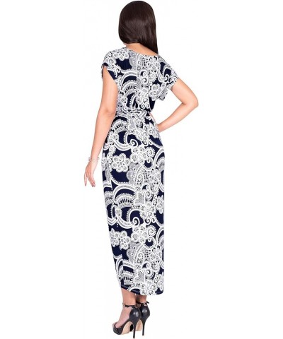 Womens Long Floral Print Casual Asymmetrical Short Sleeve Midi Dress Navy Blue & White $11.23 Dresses