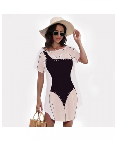 Women's Cute Bikini Printed T Shirt Dress Short Sleeve Baggy Shirt Beach Fun Swimwear Cover Up Dress One Shoulder Black $14.9...