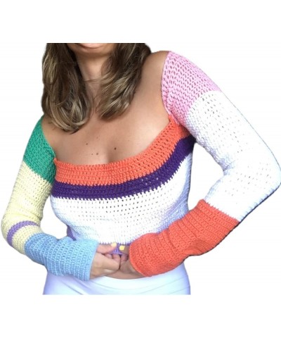 Womens Cropped Knit Top Long Sleeve Crochet Hollow Out Square Collar Sweater Crop Tops Multicolor B $12.25 Sweaters