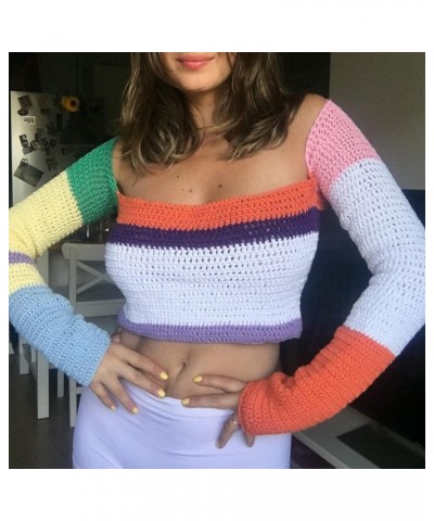 Womens Cropped Knit Top Long Sleeve Crochet Hollow Out Square Collar Sweater Crop Tops Multicolor B $12.25 Sweaters