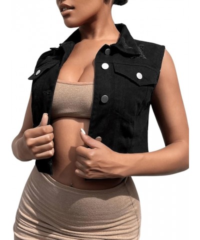 Women's Sleeveless Button Down Ripped Jean Jacket Flap Pocket Crop Denim Vest Top Black $19.75 Vests