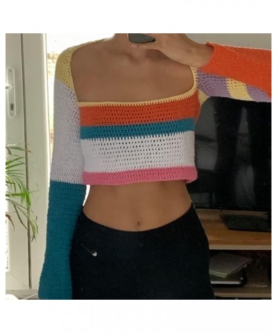 Womens Cropped Knit Top Long Sleeve Crochet Hollow Out Square Collar Sweater Crop Tops Multicolor B $12.25 Sweaters