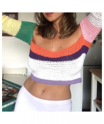 Womens Cropped Knit Top Long Sleeve Crochet Hollow Out Square Collar Sweater Crop Tops Multicolor B $12.25 Sweaters