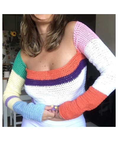 Womens Cropped Knit Top Long Sleeve Crochet Hollow Out Square Collar Sweater Crop Tops Multicolor B $12.25 Sweaters