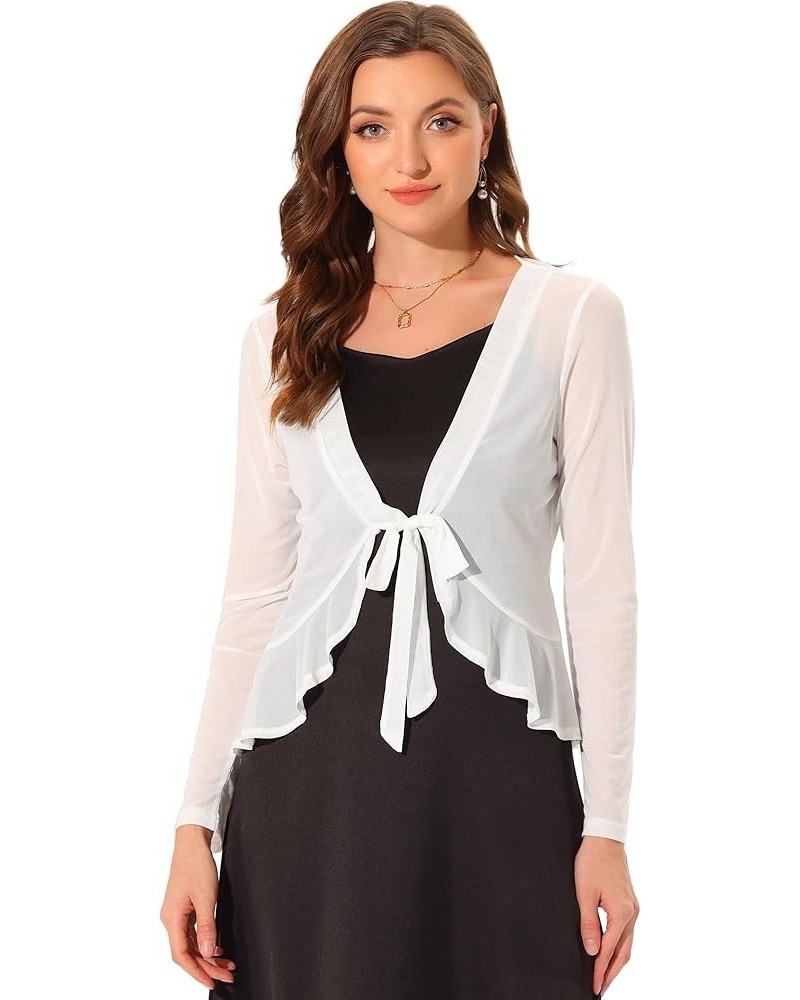 Ruffle Mesh Shrug for Women's Long Sleeves Self Tie Casual Bolero Cardigan White $14.49 Sweaters