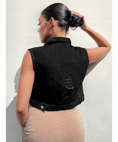 Women's Sleeveless Button Down Ripped Jean Jacket Flap Pocket Crop Denim Vest Top Black $19.75 Vests