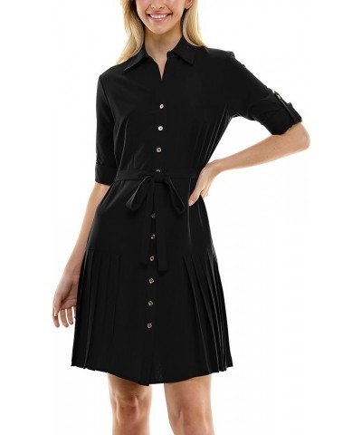 Women's Button to Hem Shirtdress with Side Pleating Very Black $21.22 Dresses