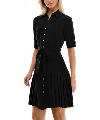 Women's Button to Hem Shirtdress with Side Pleating Very Black $21.22 Dresses