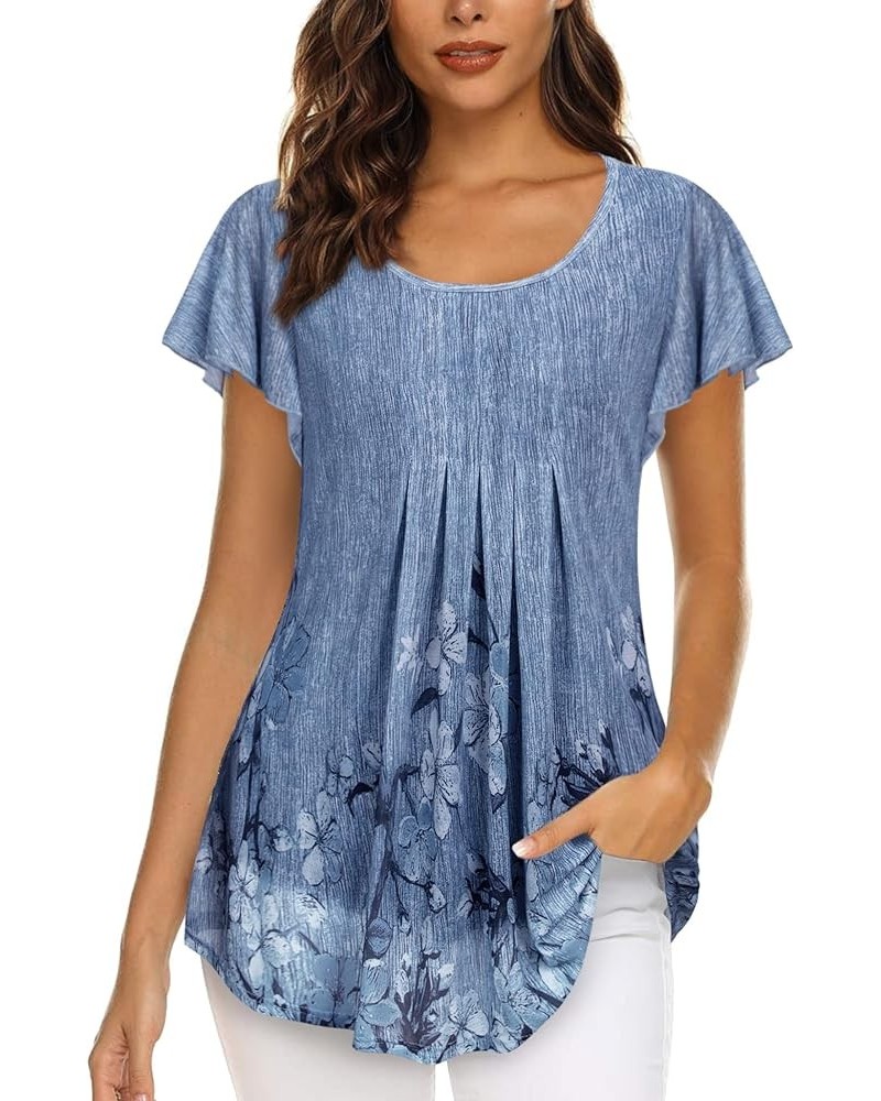 Women's Short Sleeve Tunic Tops Floral Double Layers Casual Dressy Blouse Shirts Deep Blue $14.27 Tops