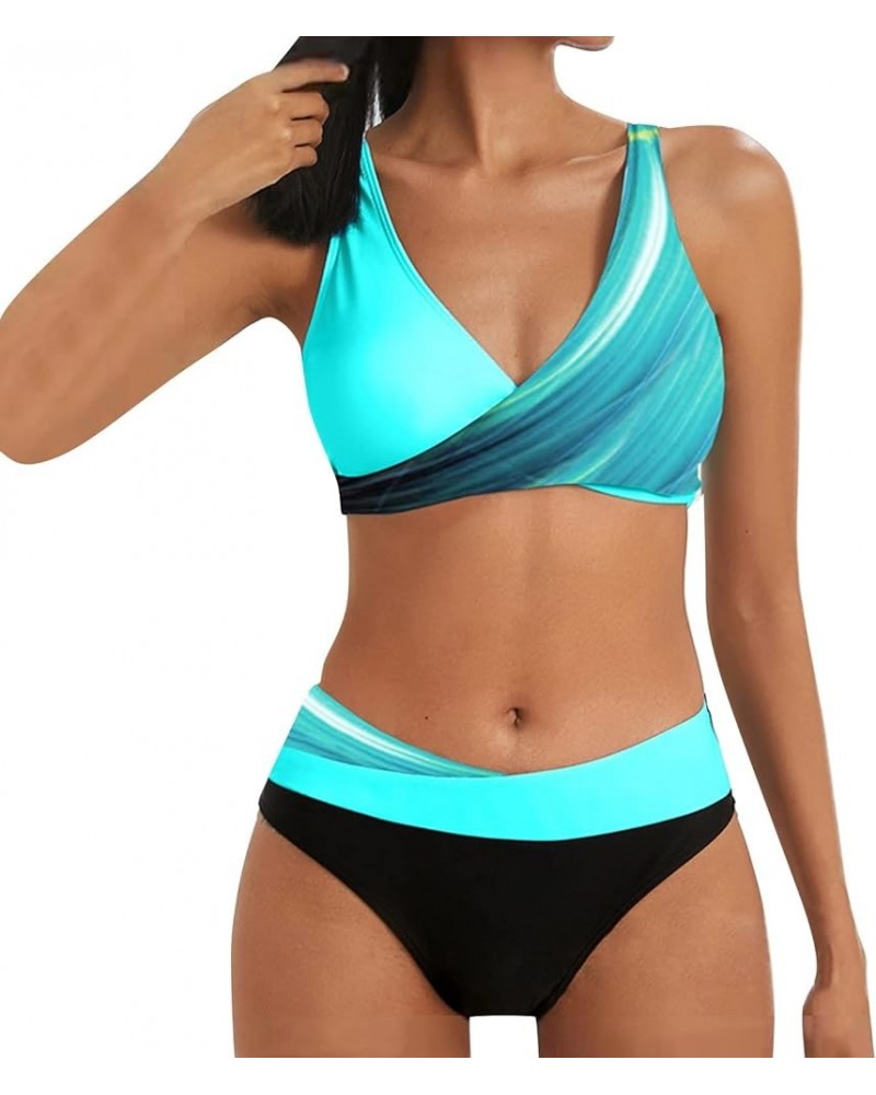 High Waisted Bikini Sets for Women 2 Piece Tankini Tops Swimwear Tankini Tops Push Up with Bikini Bottoms E-light Blue $10.89...