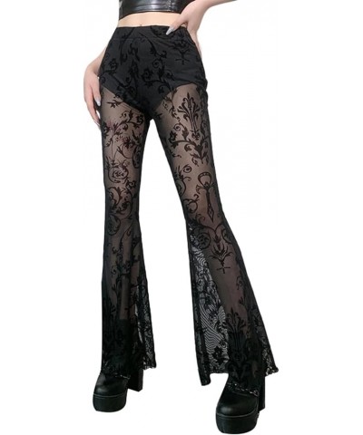 Women's Lace See Through Flare Pants Print Sheer Mesh High Waist Skinny Bell-Bottom Leggings Sexy Cutout Pants J Gothic Cross...