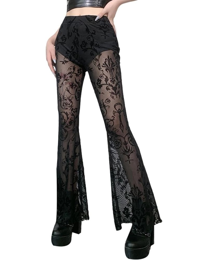 Women's Lace See Through Flare Pants Print Sheer Mesh High Waist Skinny Bell-Bottom Leggings Sexy Cutout Pants J Gothic Cross...