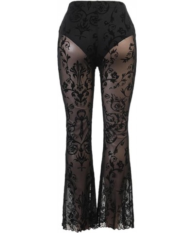 Women's Lace See Through Flare Pants Print Sheer Mesh High Waist Skinny Bell-Bottom Leggings Sexy Cutout Pants J Gothic Cross...