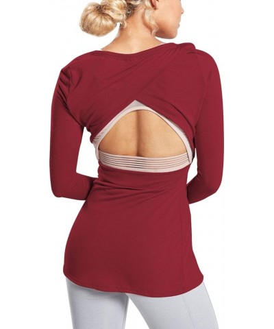 Long Sleeve Workout Shirts Loose Open Back Wokout Tops for Women Winered $13.49 Activewear