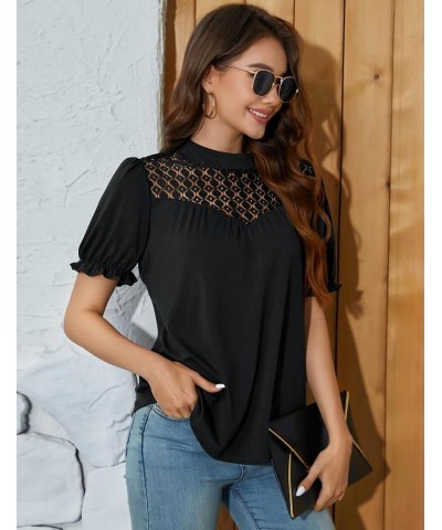 Women's Long Sleeve Tops Casual Blouses Crewneck Lace Mock Neck Tops for Women with Lantern Sleeve Black-2 $11.75 Blouses