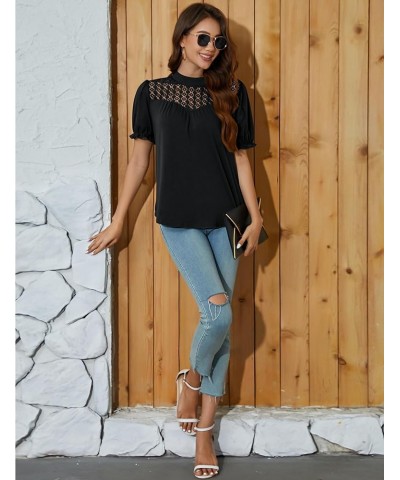 Women's Long Sleeve Tops Casual Blouses Crewneck Lace Mock Neck Tops for Women with Lantern Sleeve Black-2 $11.75 Blouses