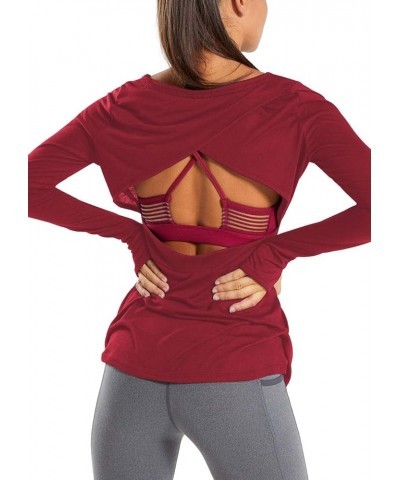 Long Sleeve Workout Shirts Loose Open Back Wokout Tops for Women Winered $13.49 Activewear