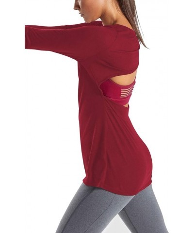 Long Sleeve Workout Shirts Loose Open Back Wokout Tops for Women Winered $13.49 Activewear