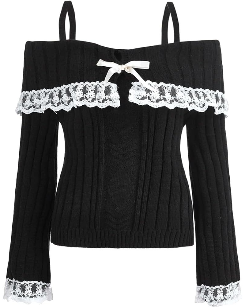 Women Y2k Cold Shoulder Knit Sweater Top Long Sleeve Lace Trim Knitted Pullover Sweaters Bow Cardigan Streetwear Black $12.38...