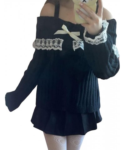 Women Y2k Cold Shoulder Knit Sweater Top Long Sleeve Lace Trim Knitted Pullover Sweaters Bow Cardigan Streetwear Black $12.38...