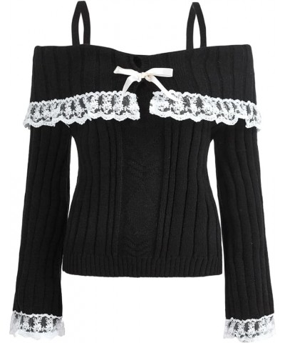 Women Y2k Cold Shoulder Knit Sweater Top Long Sleeve Lace Trim Knitted Pullover Sweaters Bow Cardigan Streetwear Black $12.38...