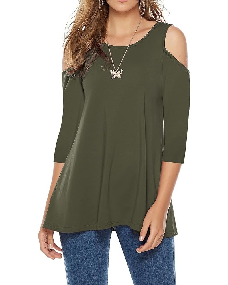 Women's Casual Cold Shoulder Tunic Tops Loose Blouse 3/4 Sleeve Shirts Army Green-02 $8.69 Blouses