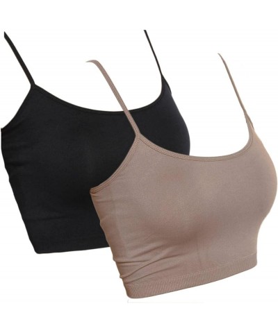 Seamless Spaghetti Strap Crop Tank Top Stretch Cami Bandeau Bralette 2pack:black & Mocha $12.59 Tanks