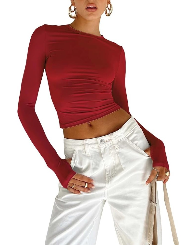 Basic Crewneck Slim Shirts Tops for Women Skinny Ribbed Long Sleeve Cutout Stretchy Cropped Tees 04-solid Red $7.22 T-Shirts