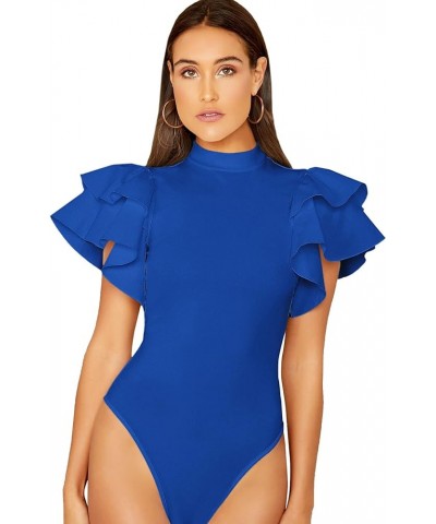 Women's Mock Neck Ruffle Butterfly Sleeve Skinny Bodysuit Blue $18.71 Bodysuits